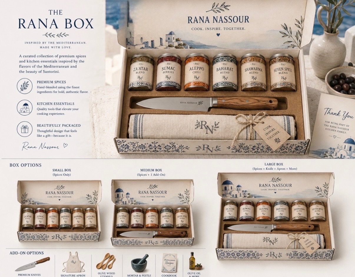 The Rana Box — six spice blends, an olive-wood knife, and a linen towel packed in a Mediterranean gift box